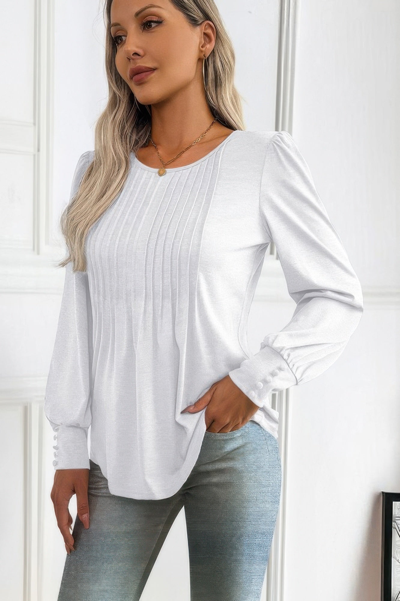 Crew Neck Pleated Long Puff Lantern Sleeve Knit Shirt - Rochelle's House LLC
