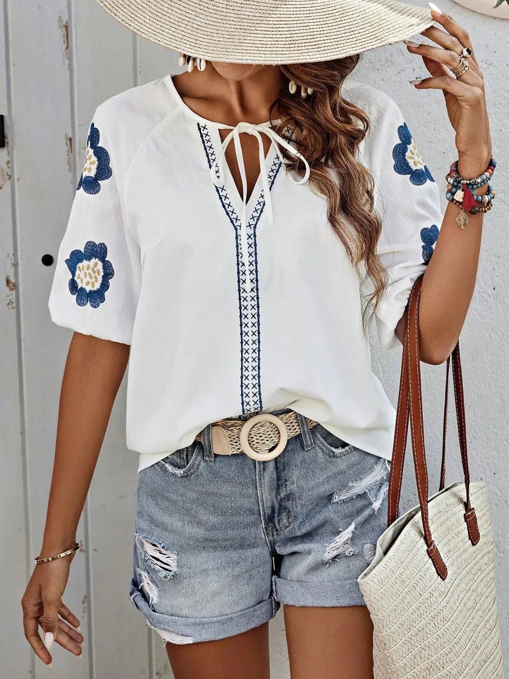 Embroidered Tie Neck Puff Sleeve Blouse - Rochelle's House LLC