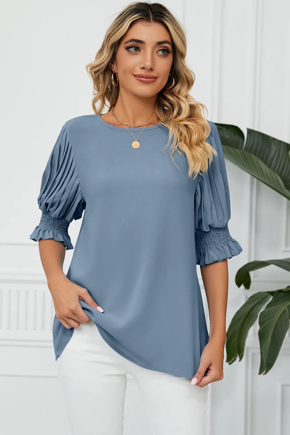 Frill Round Neck Lantern Sleeve T-Shirt - Rochelle's House LLC