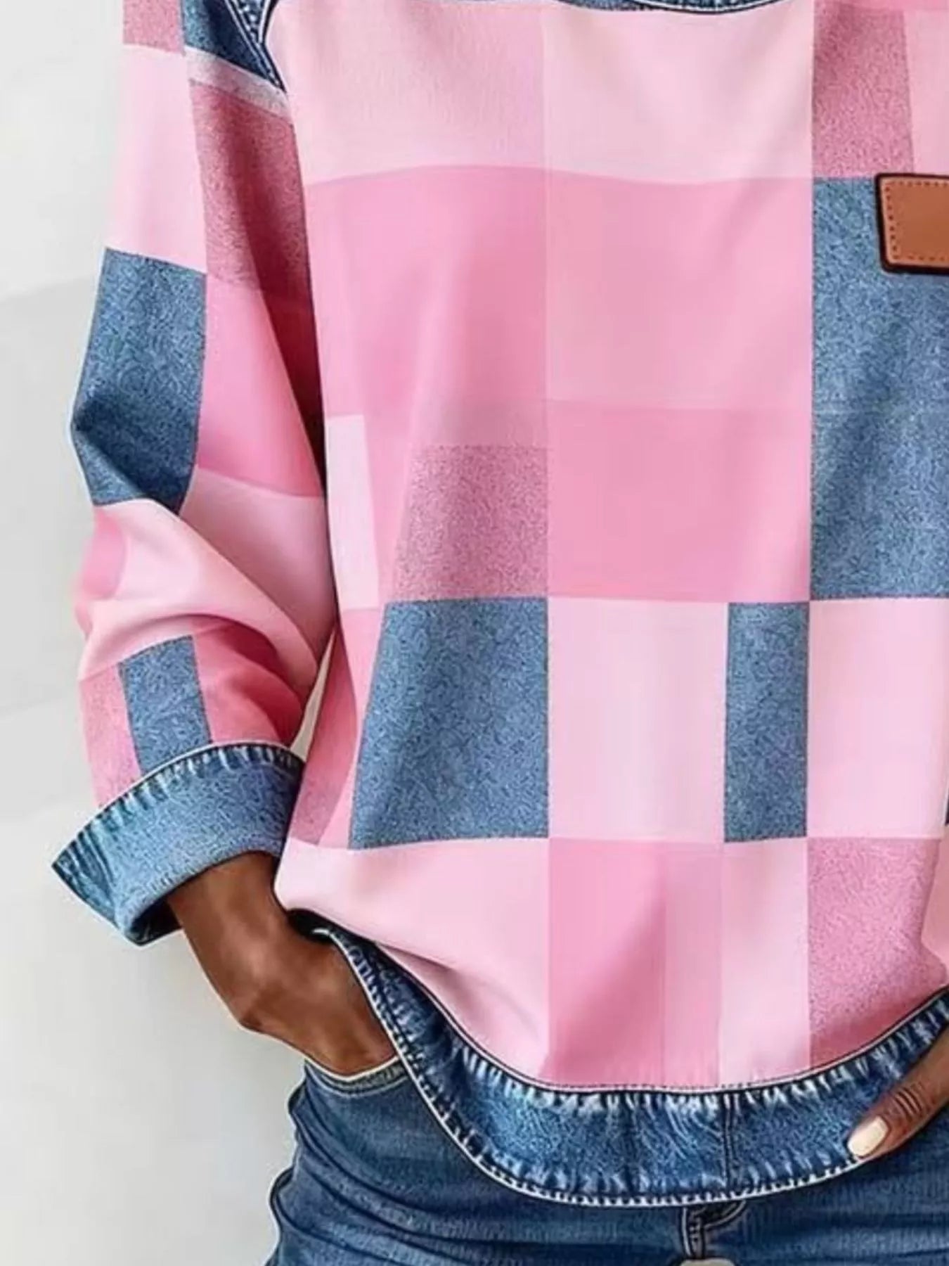 Full Size Plaid Denim Trim Long Sleeve Sweatshirt Plus Size - Rochelle's House LLC