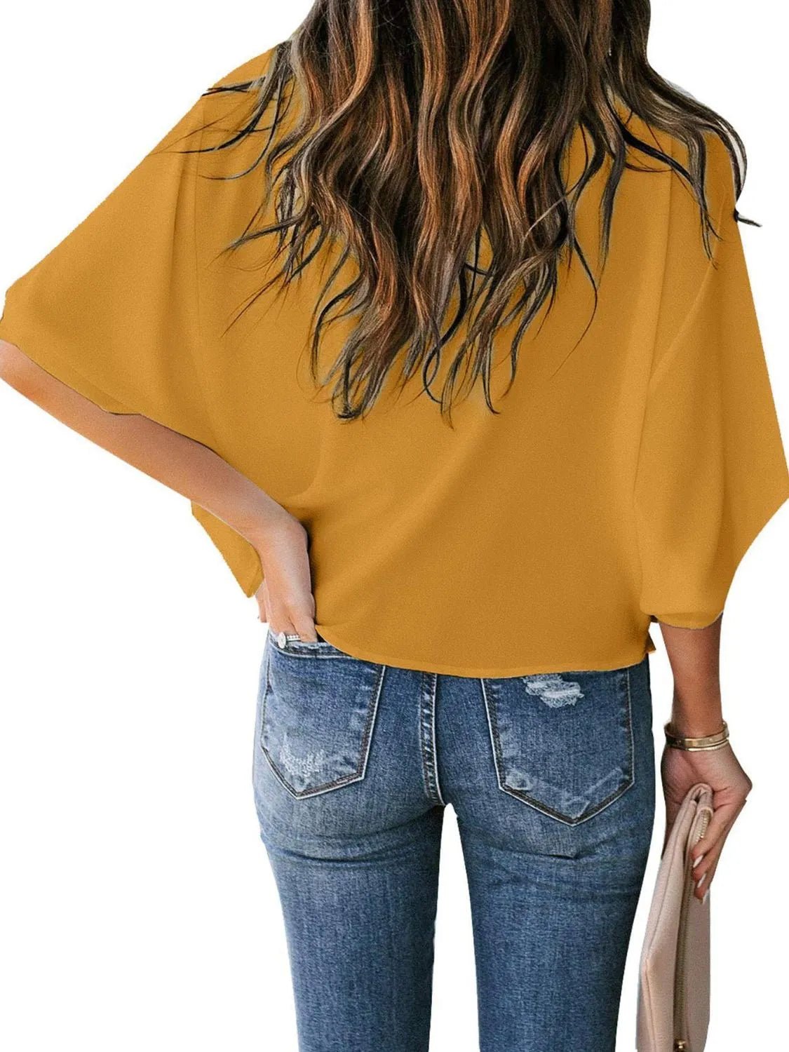 Full Size Ruched Three - Quarter Sleeve Blouse Plus Size - Rochelle's House LLC