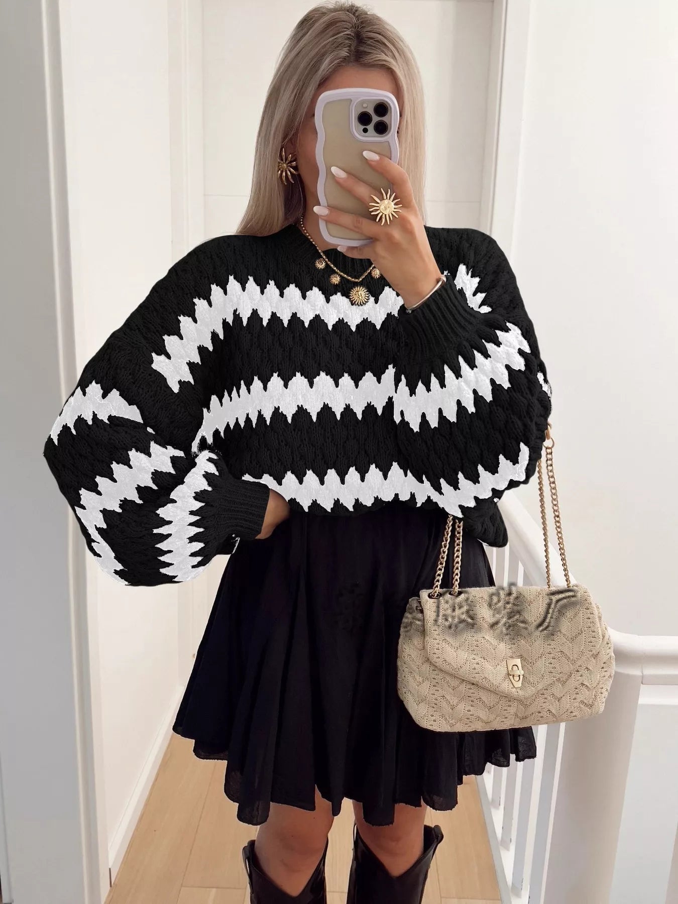 Full Size Textured Striped Round Neck Sweater Plus Size - Rochelle's House LLC