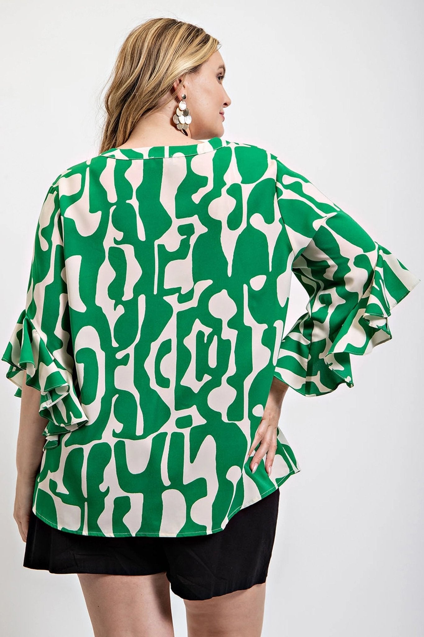 Geometric print ruffled bell sleeve woven top - Rochelle's House LLC