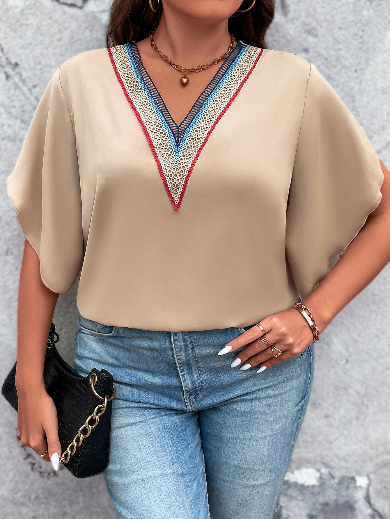 Plus Chocolate Floral V Neck Blouse