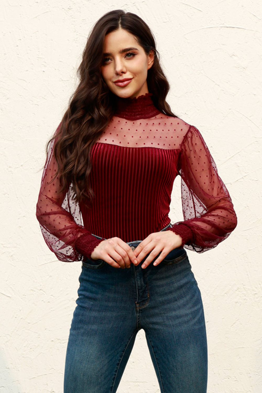 Mesh Long Sleeve Velvet Bodysuit - Rochelle's House LLC