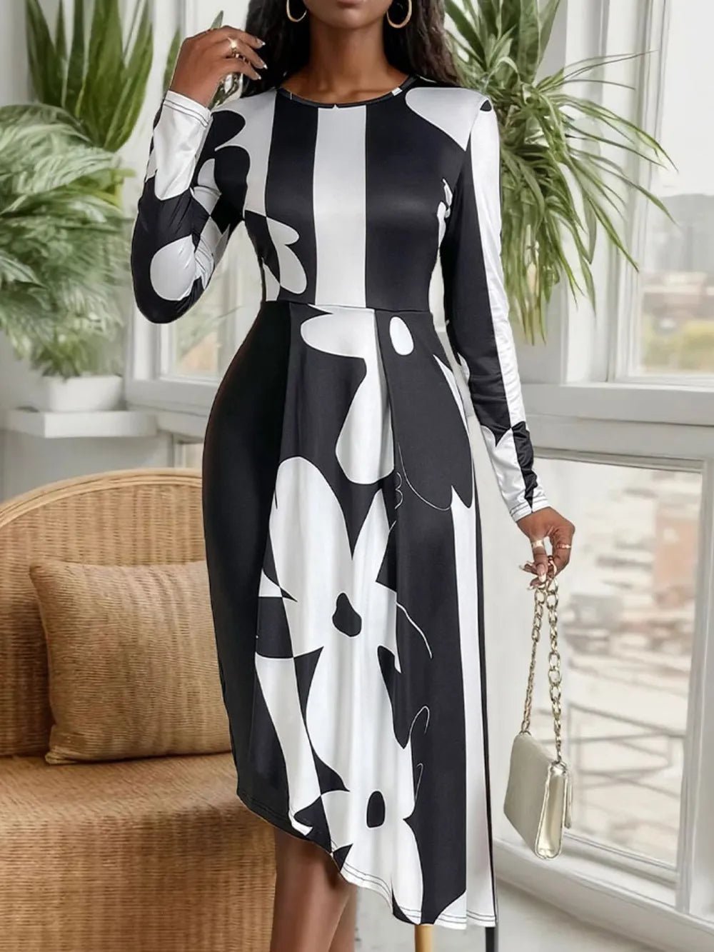 Perfee Asymmetrical Slit Round Neck Long Sleeve Midi Dress - Rochelle's House LLC