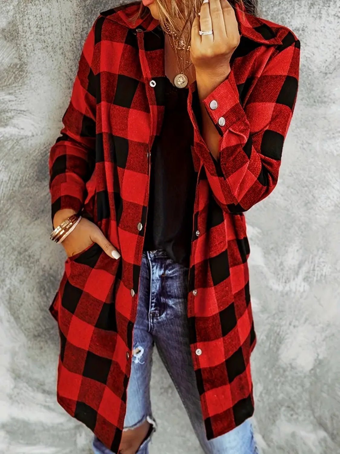Plaid Collared Neck Snap Down Long Sleeve Jacket - Rochelle's House LLC