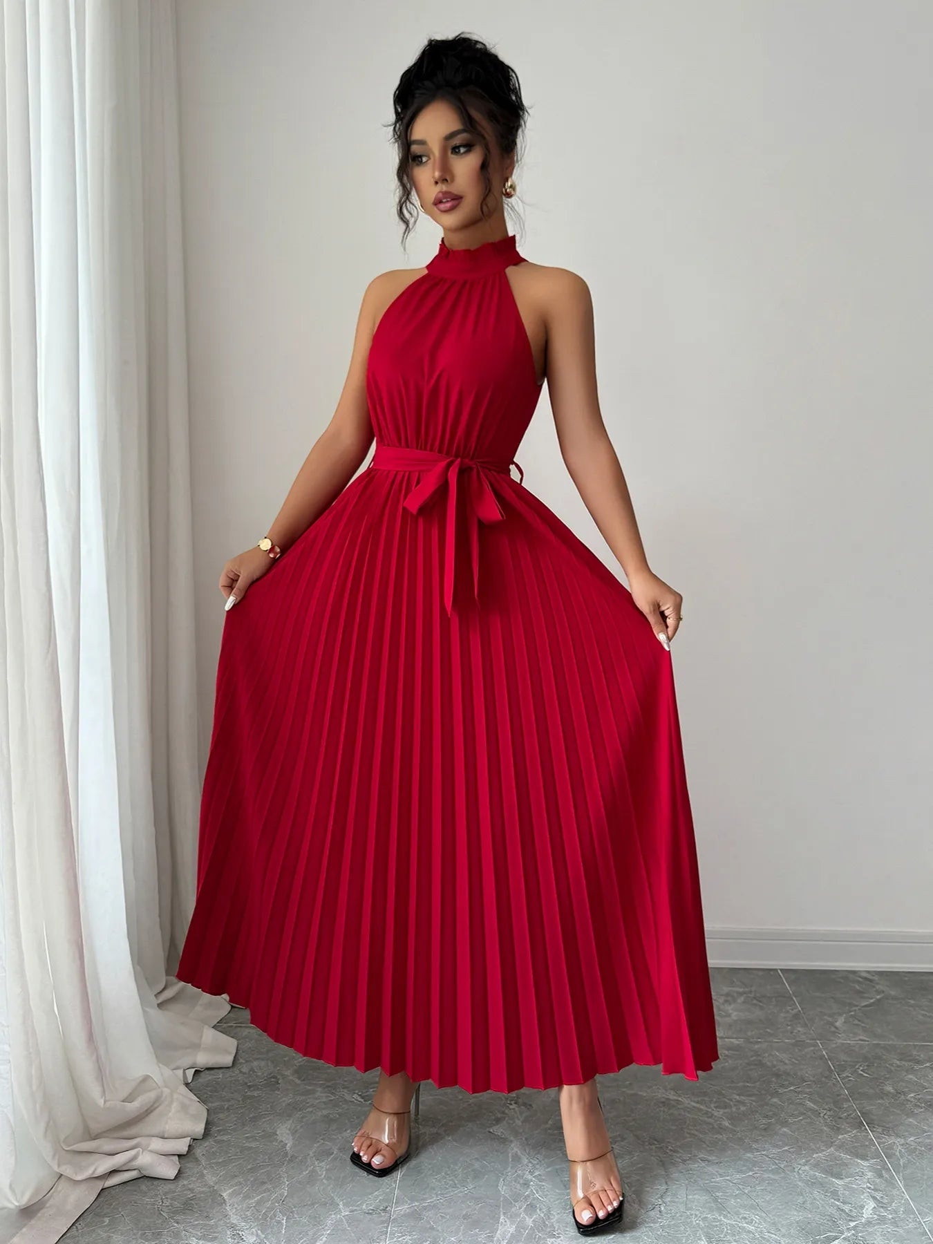 Pleated Halter Neck Tie Waist Maxi Dress - Rochelle's House LLC