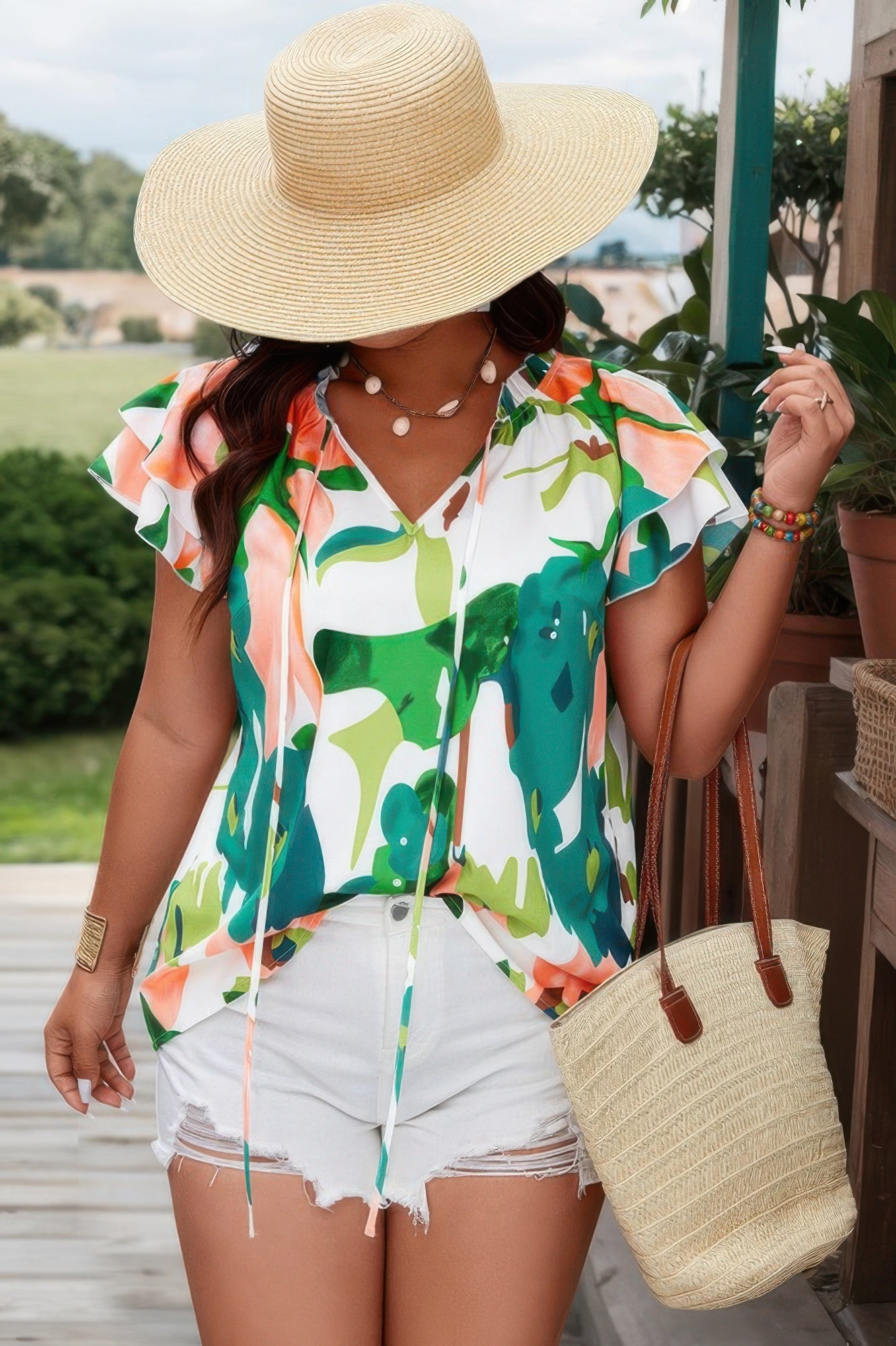 Plus Random Print Ruffled Sleeve Boho Blouse - Rochelle's House LLC