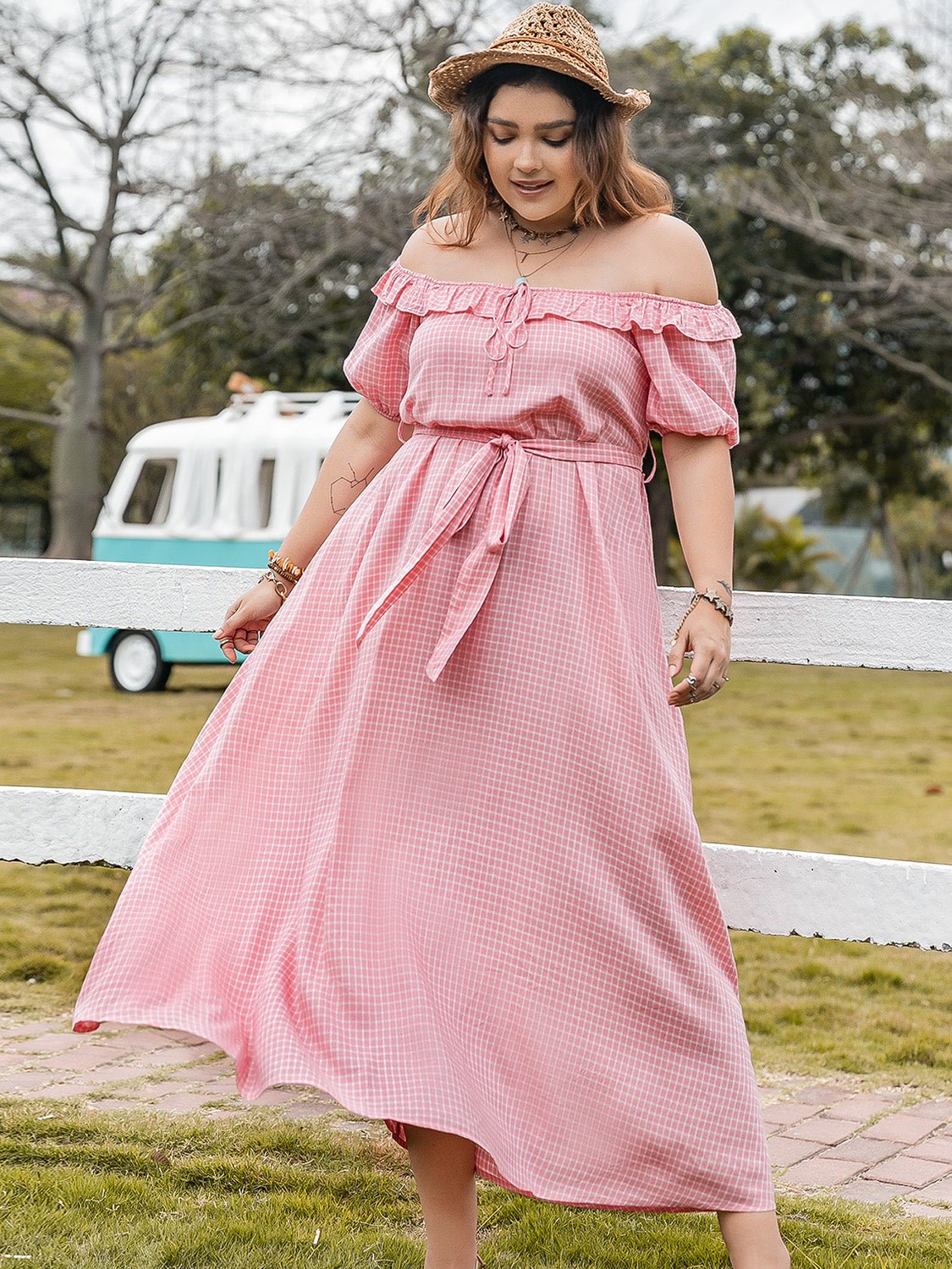 Plus Size Plaid Off - Shoulder Short Sleeve Midi Dress - Rochelle's House LLC