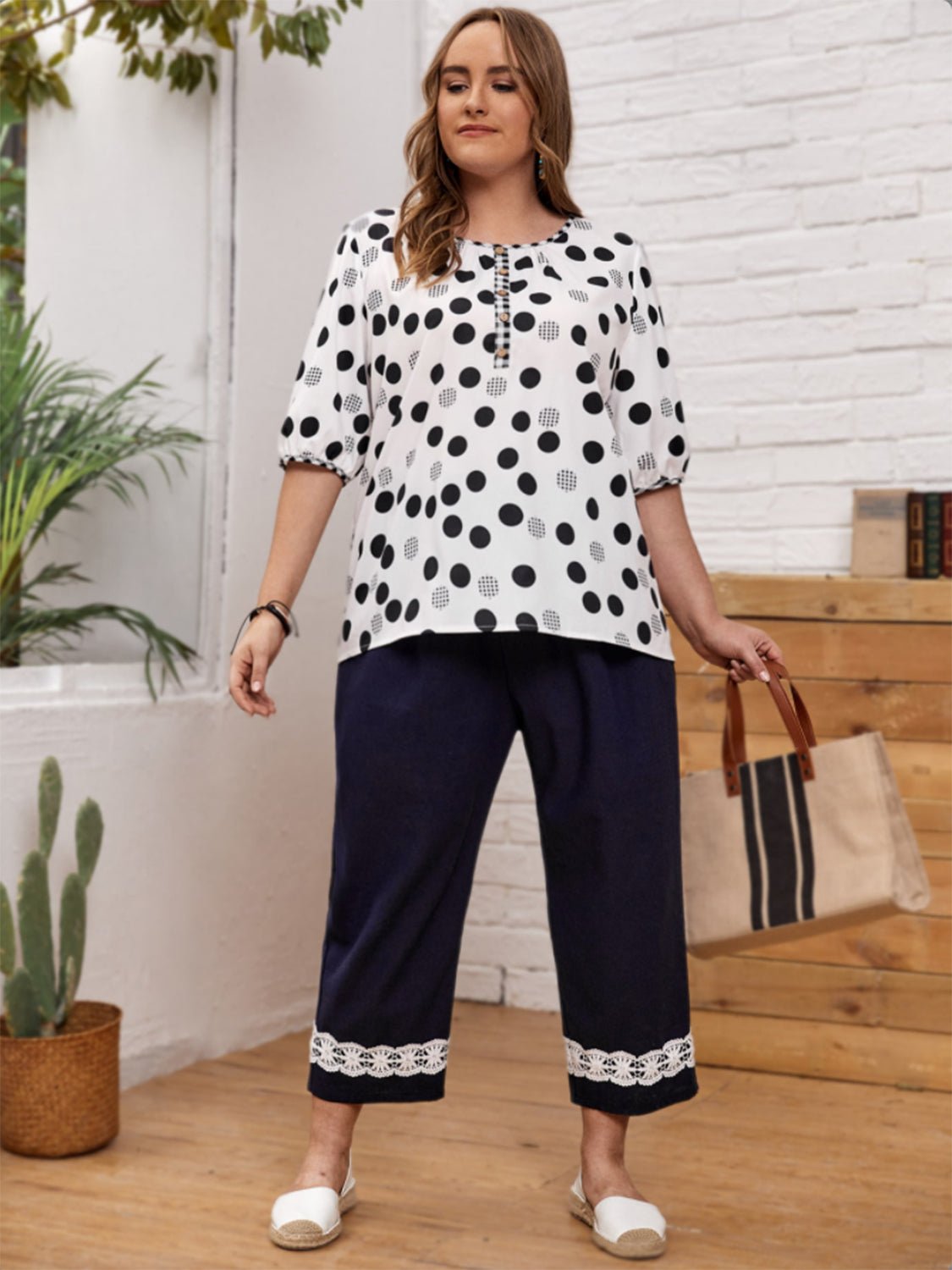 Plus Size Polka Dot Round Neck Half Sleeve Blouse - Rochelle's House LLC