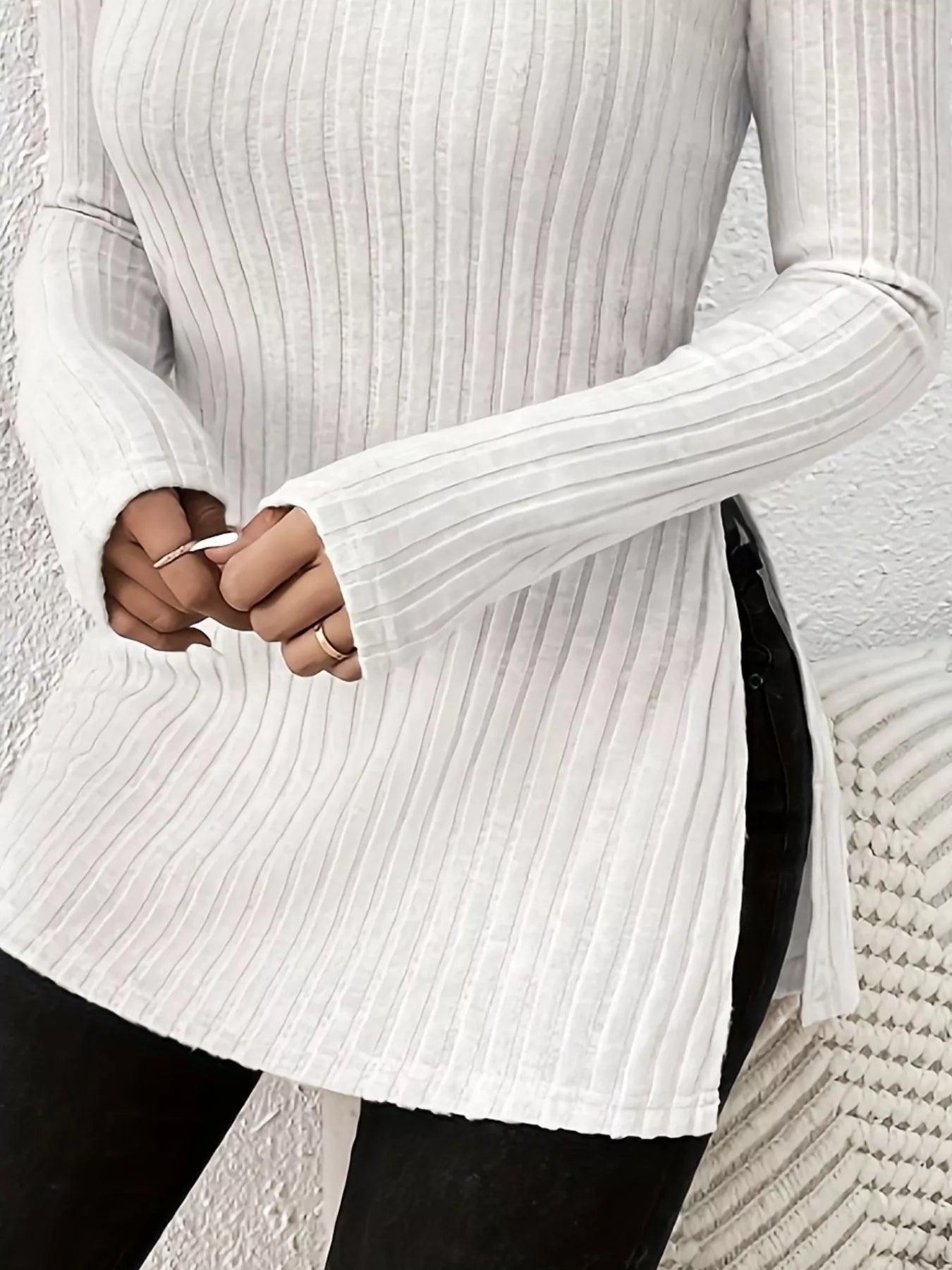 Plus Size Slit Ribbed Turtleneck Long Sleeve T-Shirt - Rochelle's House LLC