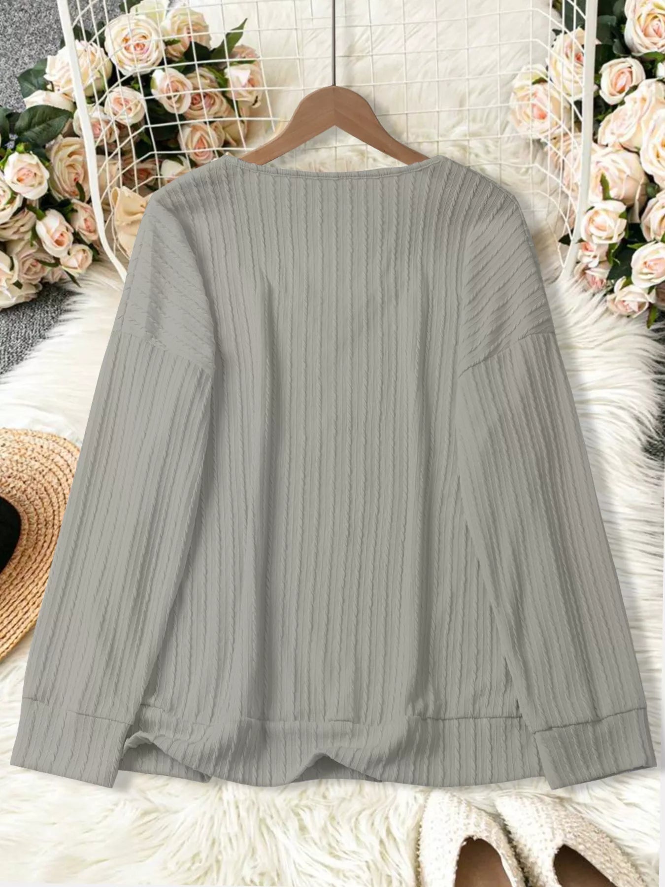 Plus Size V - Neck Dropped Shoulder Blouse - Rochelle's House LLC