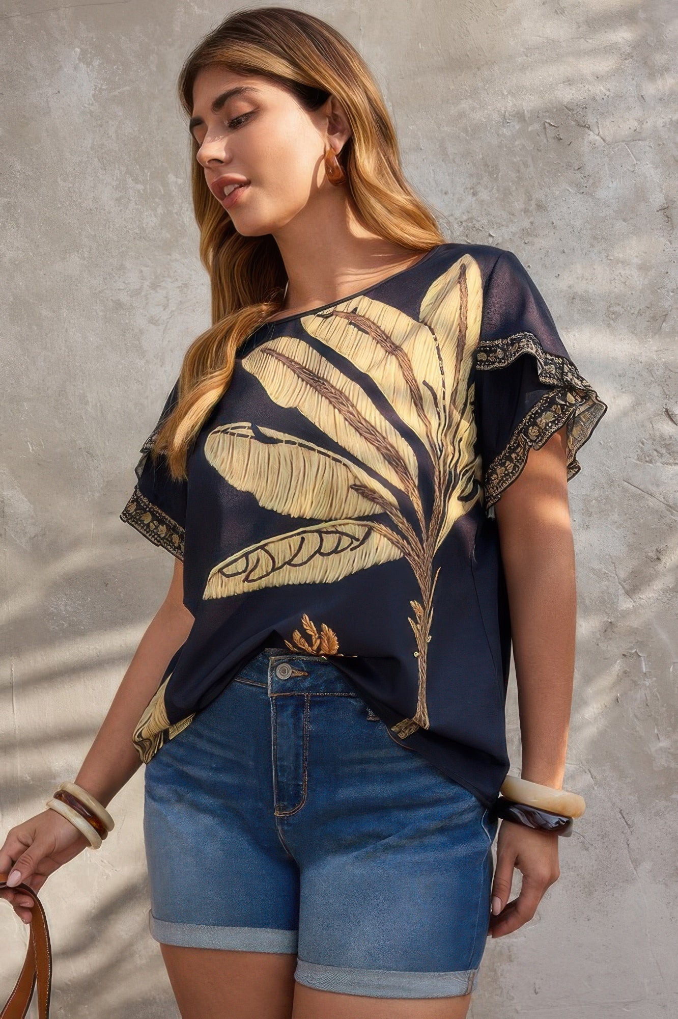 Plus Tropical Print Ruffle Hem Sleeve Blouse - Rochelle's House LLC