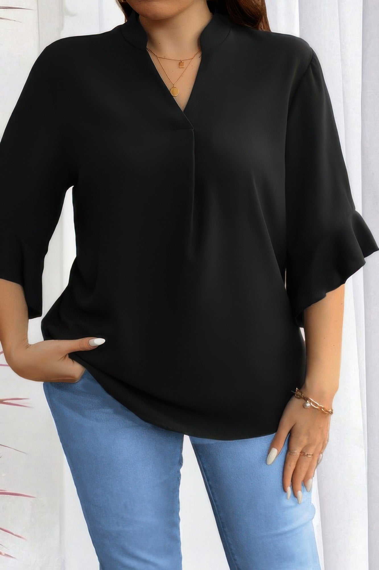 Plus V Neck Ruffle Half Sleeves Loose Blouse - Rochelle's House LLC
