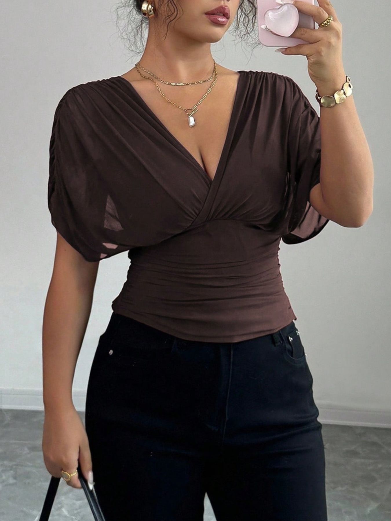 Ruched Surplice Short Sleeve Top - Rochelle's House LLC