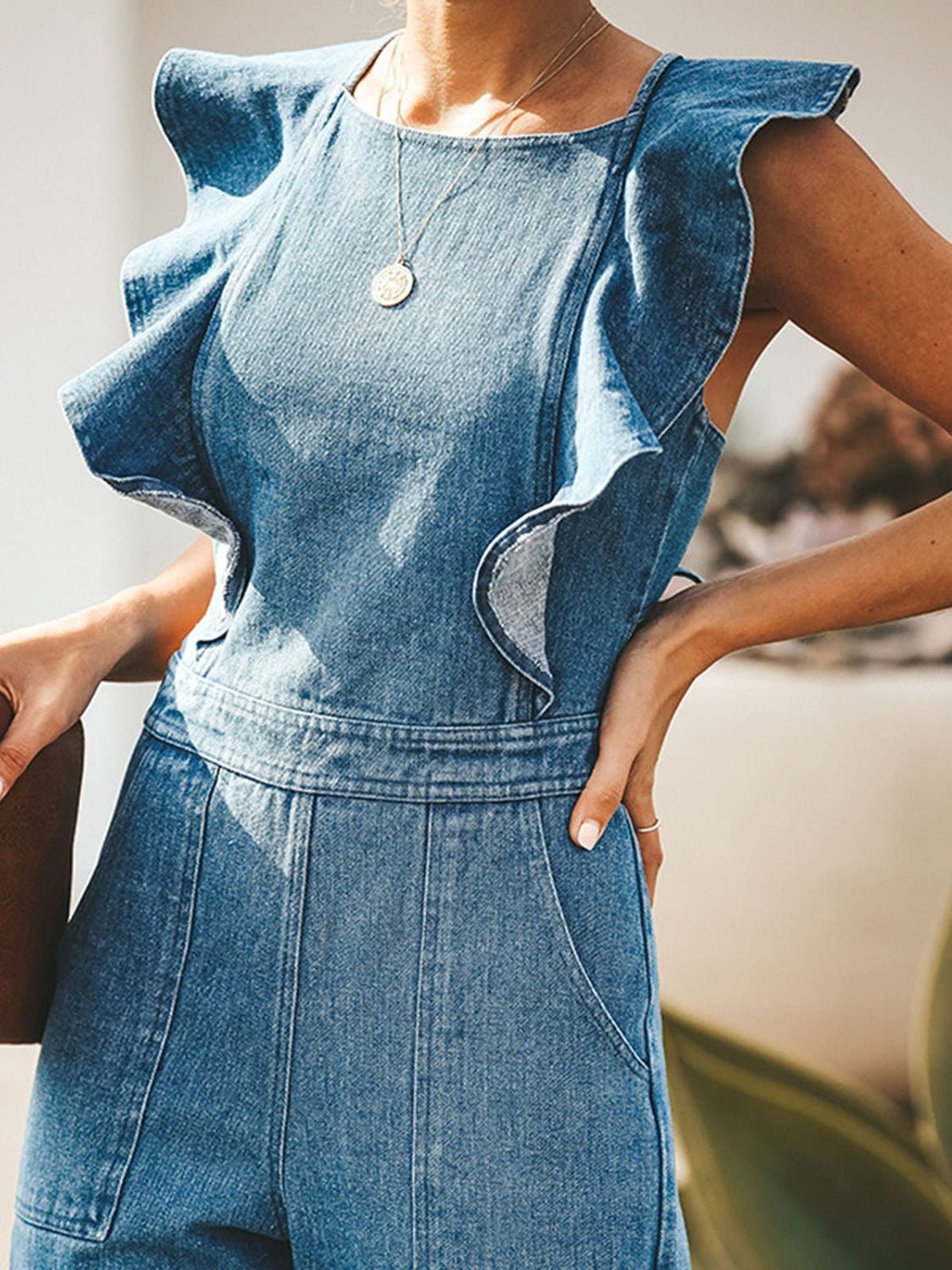 Ruffled Backless Sleeveless Denim Jumpsuit - Rochelle's House LLC