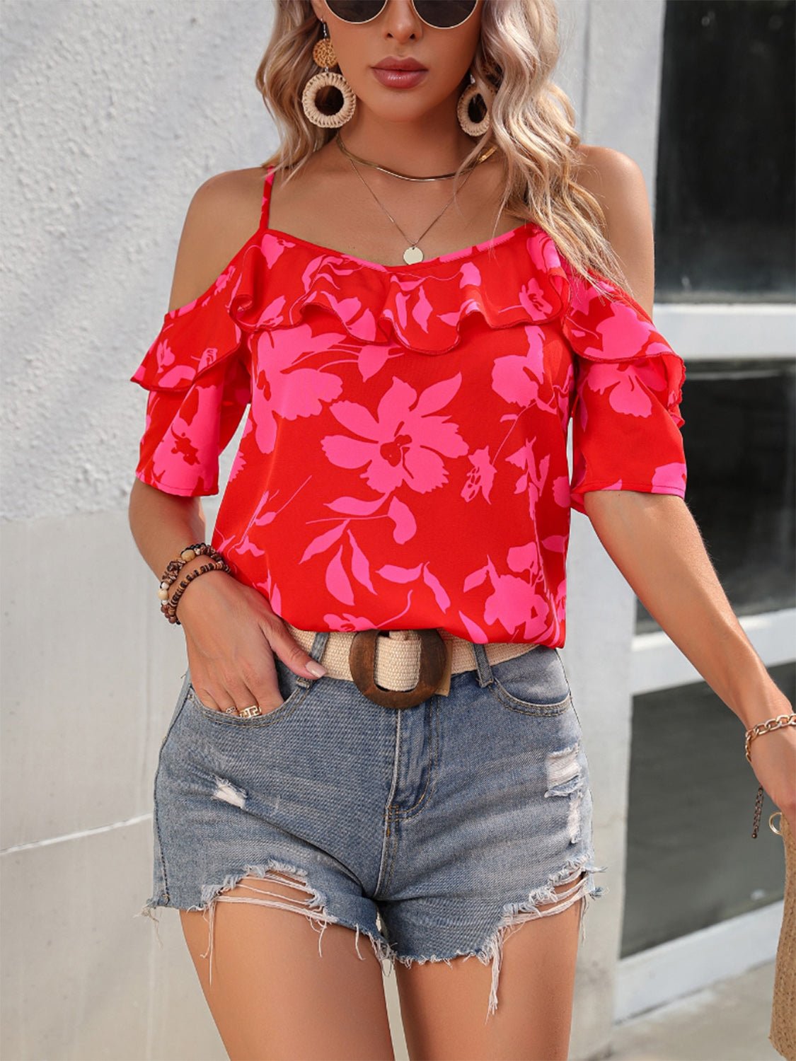 Ruffled Printed Short Sleeve Blouse - Rochelle's House LLC
