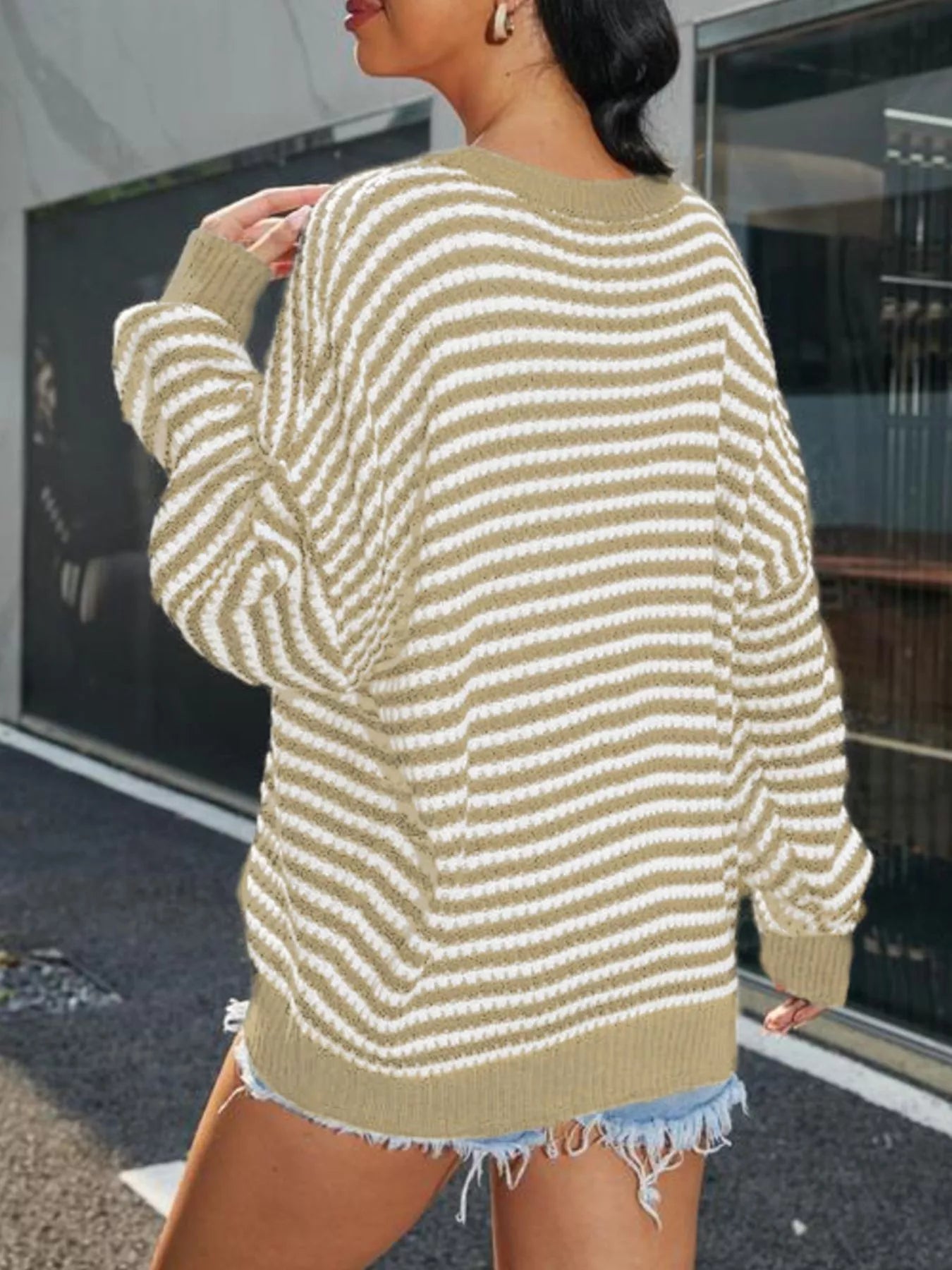 Striped Round Neck Drop Shoulder Sweater - Rochelle's House LLC