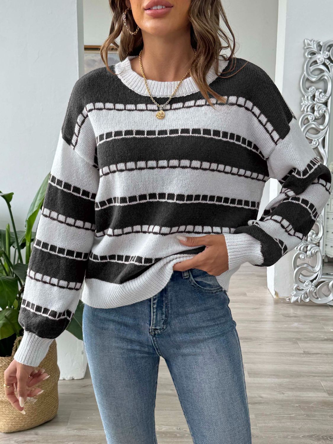 Striped Round Neck Long Sleeve Sweater - Rochelle's House LLC