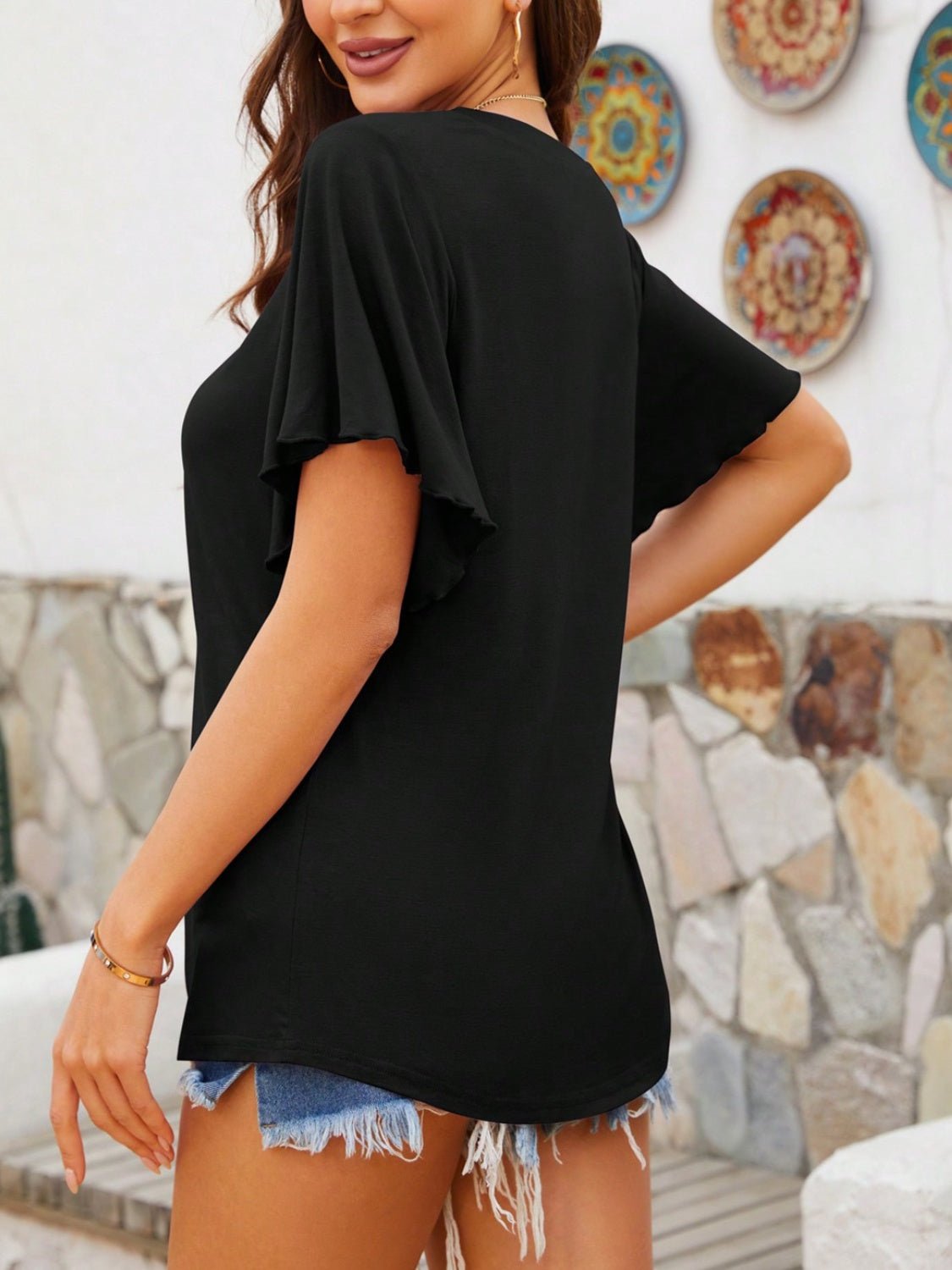 V - Neck Flutter Sleeve T-Shirt - Rochelle's House LLC