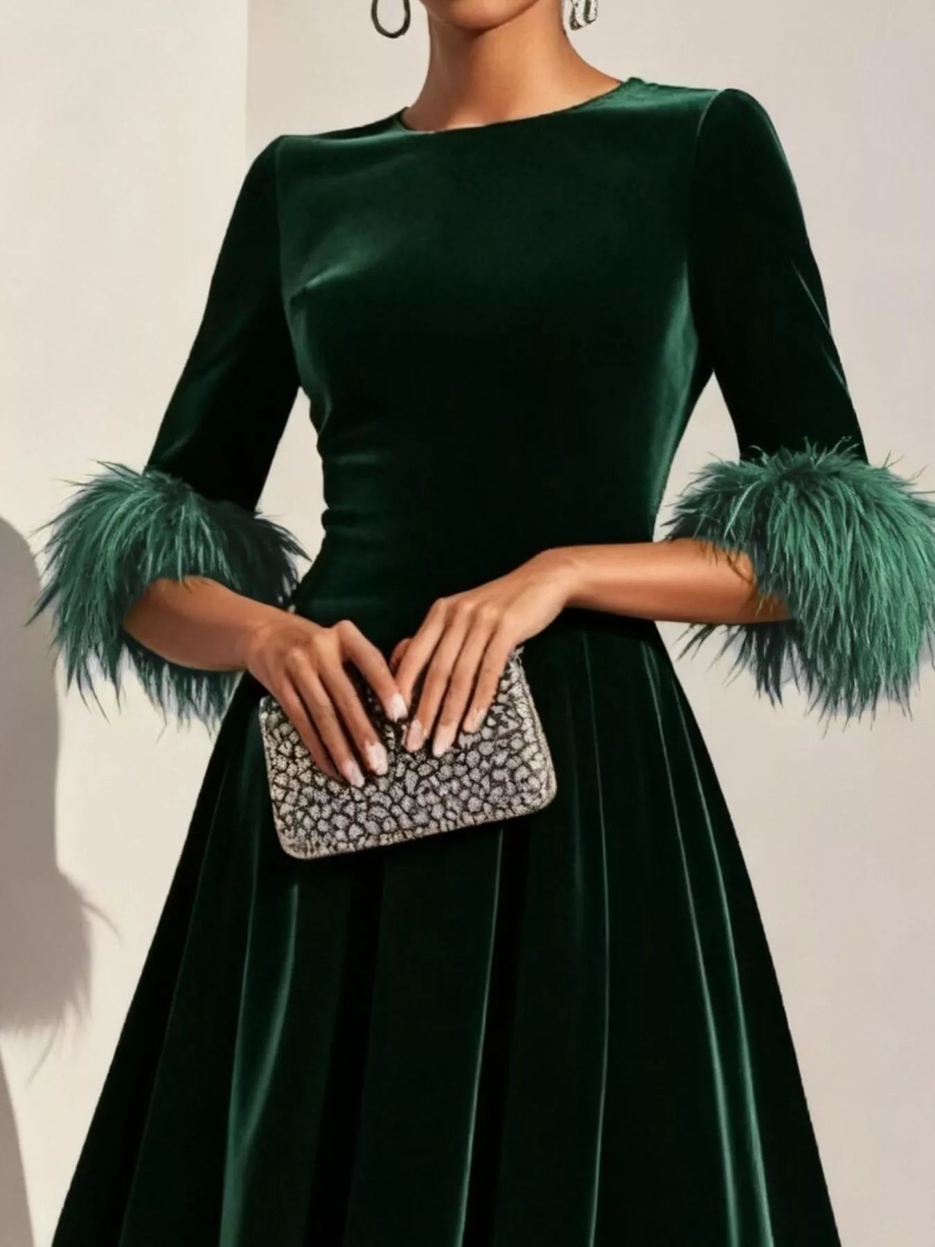 Velvet Midi Dress with Feather Cuffs - Rochelle's House LLC
