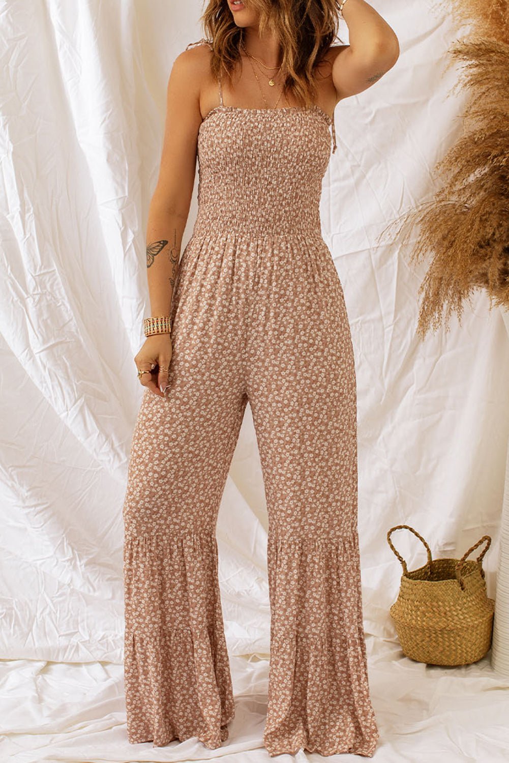 Floral Spaghetti Strap Smocked Wide Leg Jumpsuit - Rochelle's House LLC