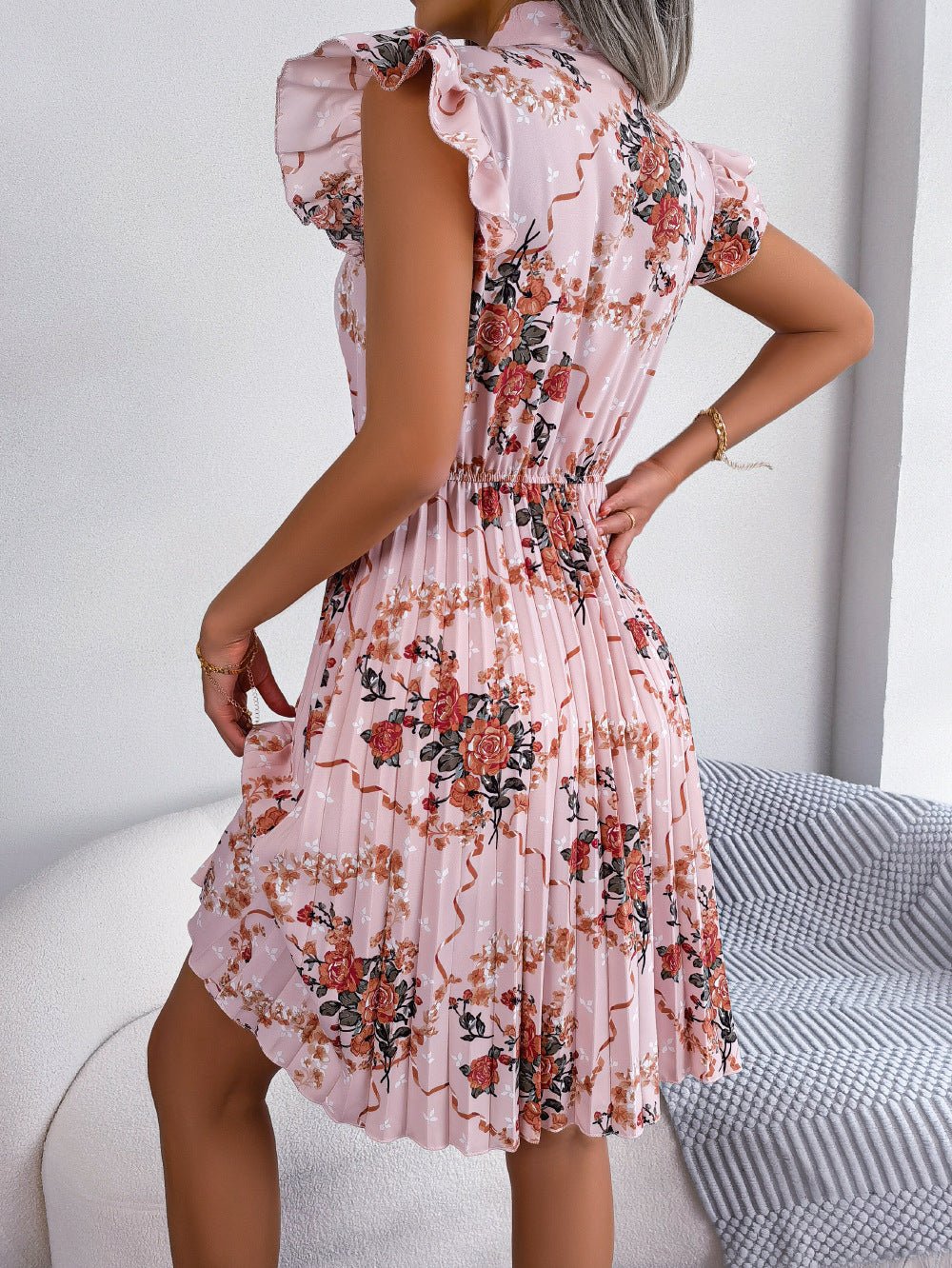 Pleated Floral Printed Tie Neck Knee Length Dress - Rochelle's House LLC