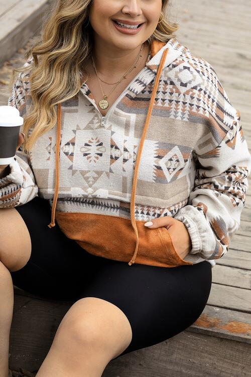 Plus Size Geometric Print Kangaroo Pockets Hoodie - Rochelle's House LLC