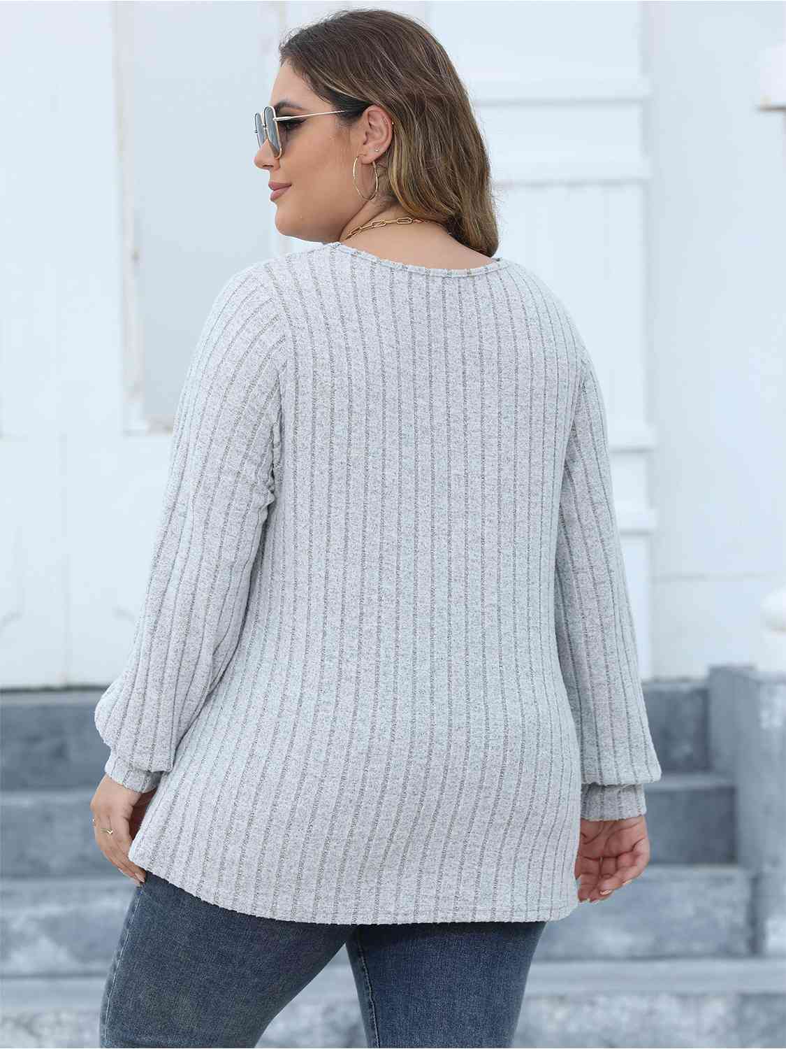 Plus Size Ribbed V - Neck Long Sleeve Top - Rochelle's House LLC