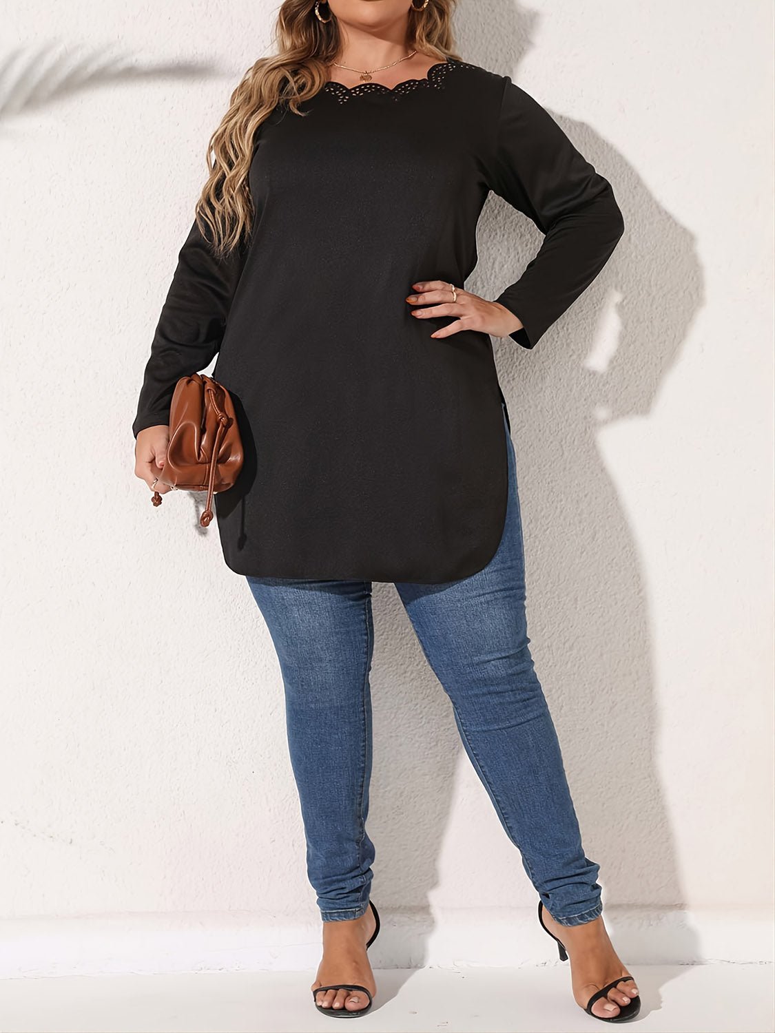 Plus Size Slit Long Sleeve T-Shirt - Rochelle's House LLC