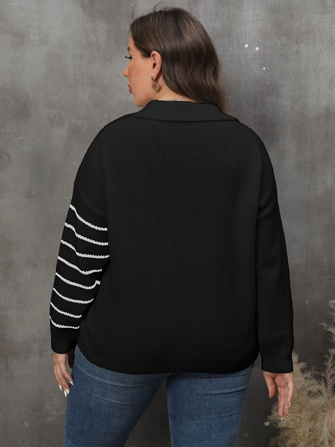 Plus Size Striped V - Neck Sweater - Rochelle's House LLC