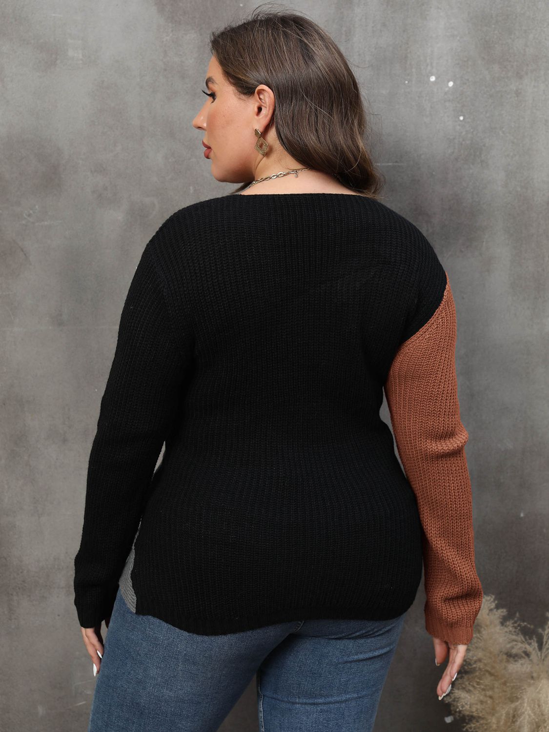Plus Size Two - Tone Surplice Neck Sweater - Rochelle's House LLC