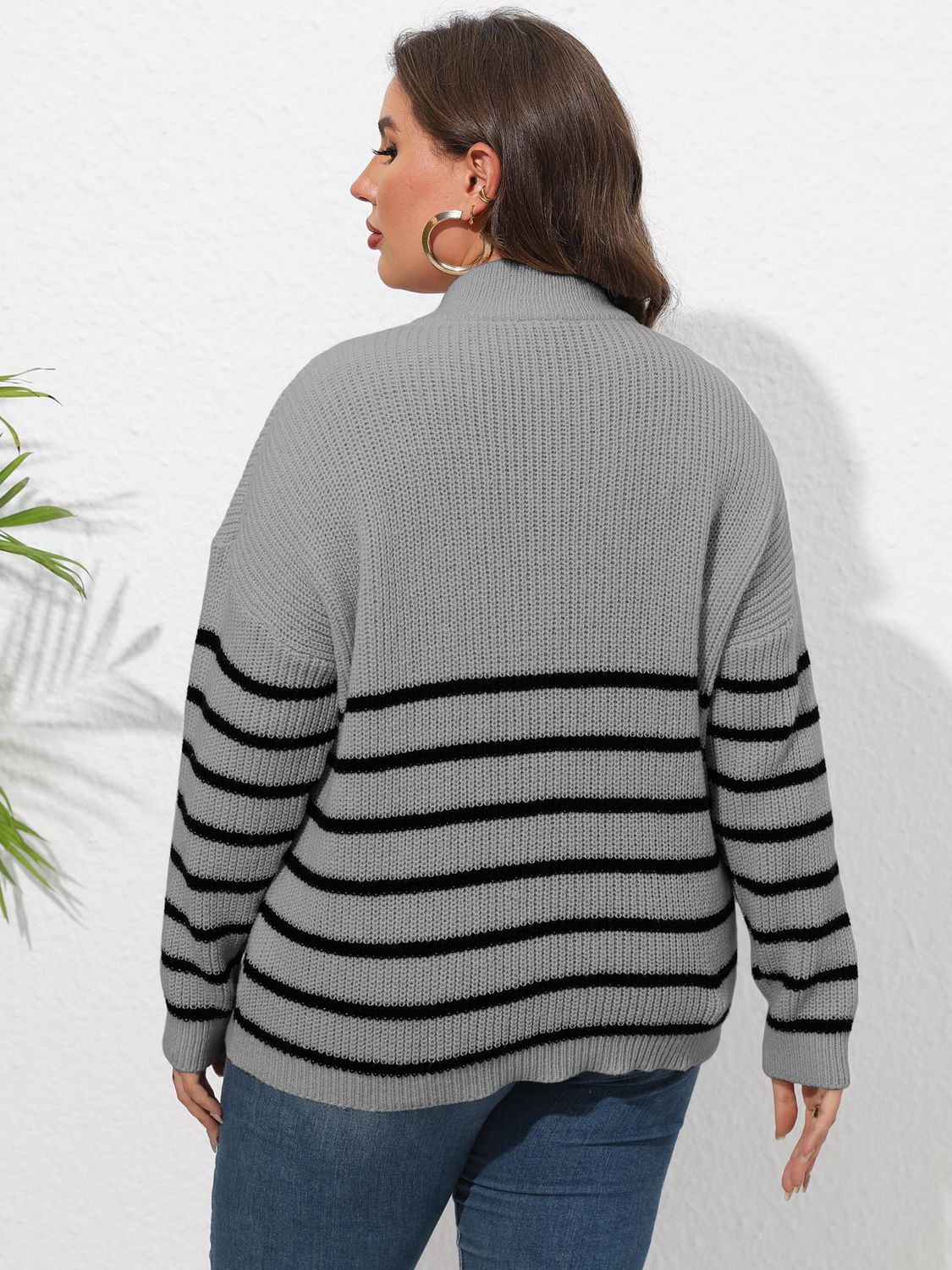 Plus Size Zip - Up Striped Sweater - Rochelle's House LLC