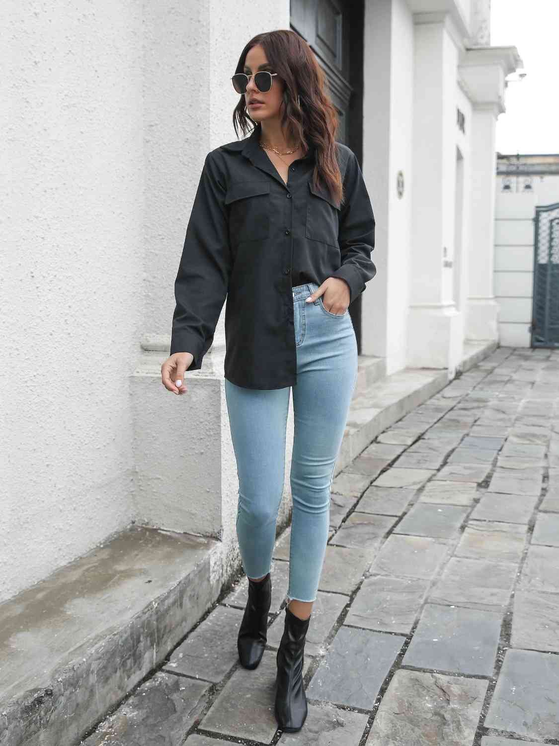 Stylish Collared Neck Buttoned Shirt with Pockets - Rochelle's House LLC