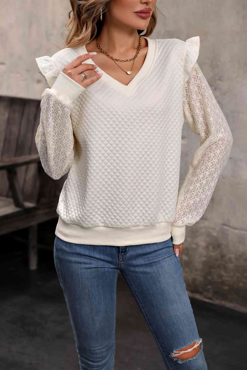 V - Neck Ruffle Trim Long Sleeve Sweatshirt - Rochelle's House LLC