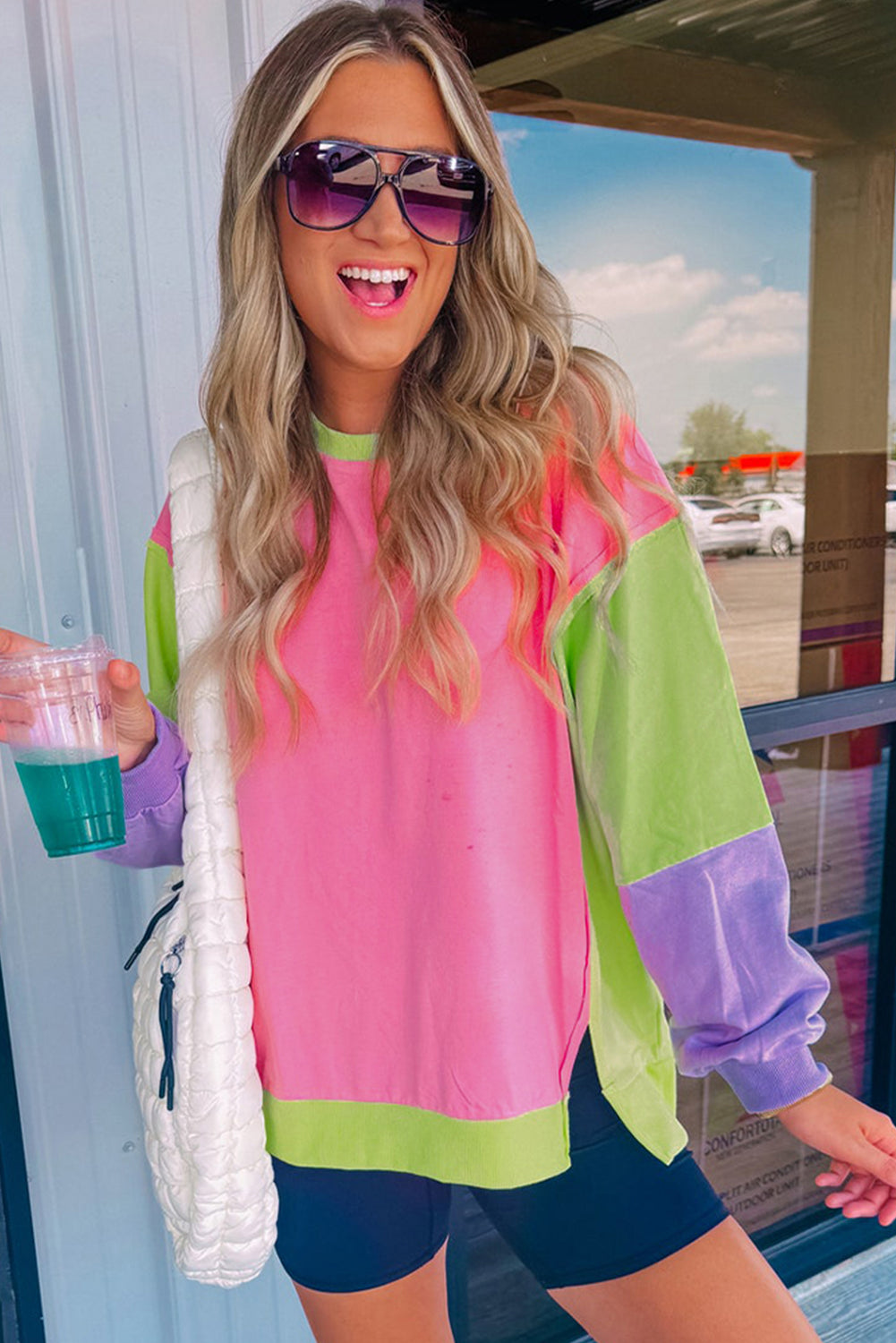 Exposed Seam Color Block Long Sleeve Sweatshirt