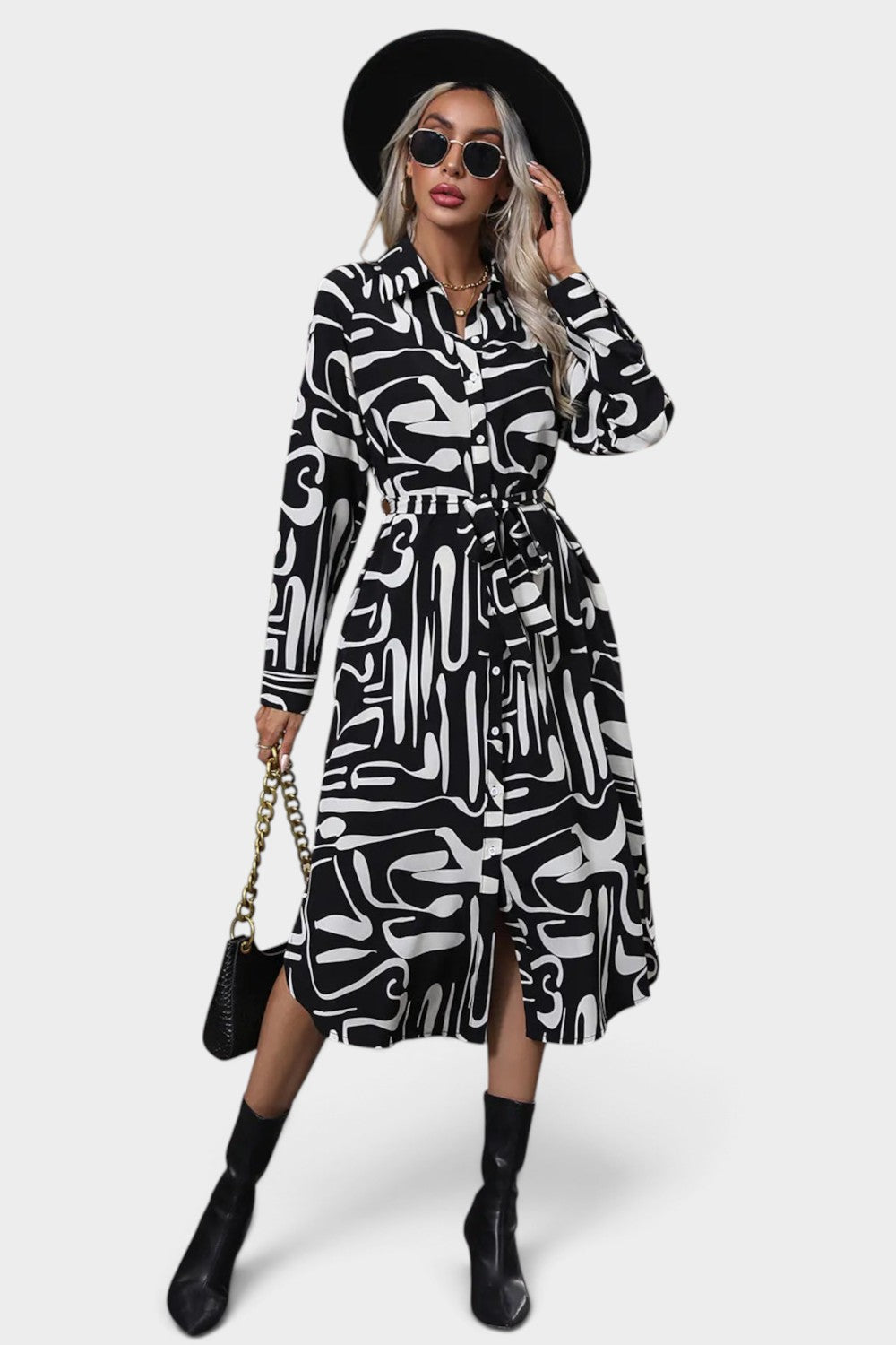 Perfee Printed Tie Front Collared Neck Slit Shirt Dress