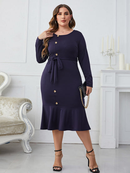 Honey Melo Apparel Plus Size Buttoned Round Neck Tie Belt Midi Dress