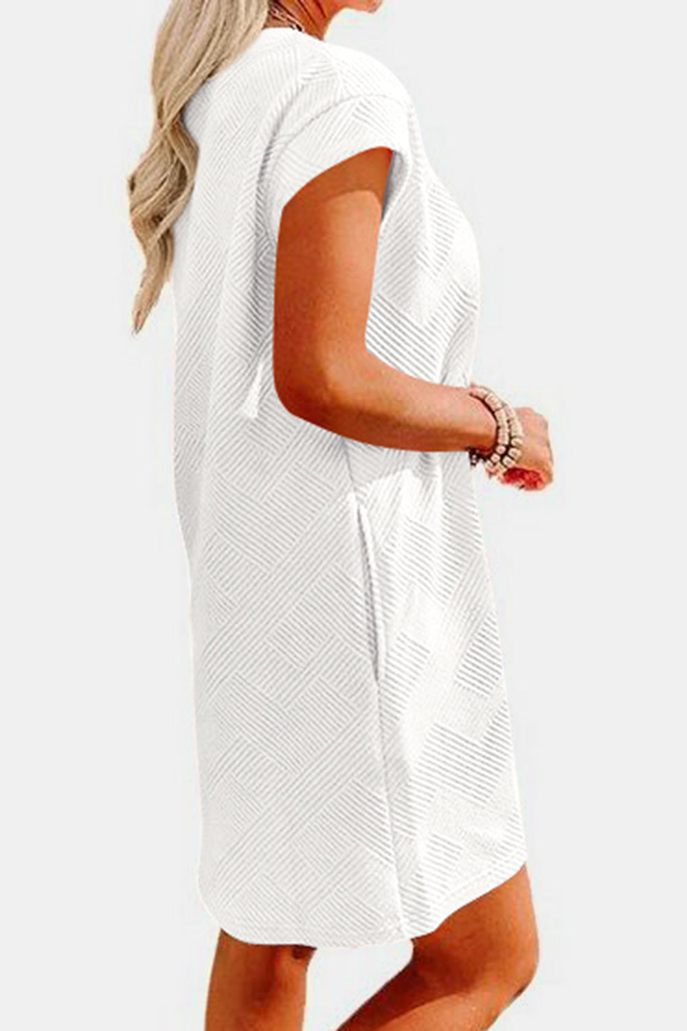 Women's Clothing, Textured Round Neck Cap Sleeve Dress, Side View White, Rochelle's House