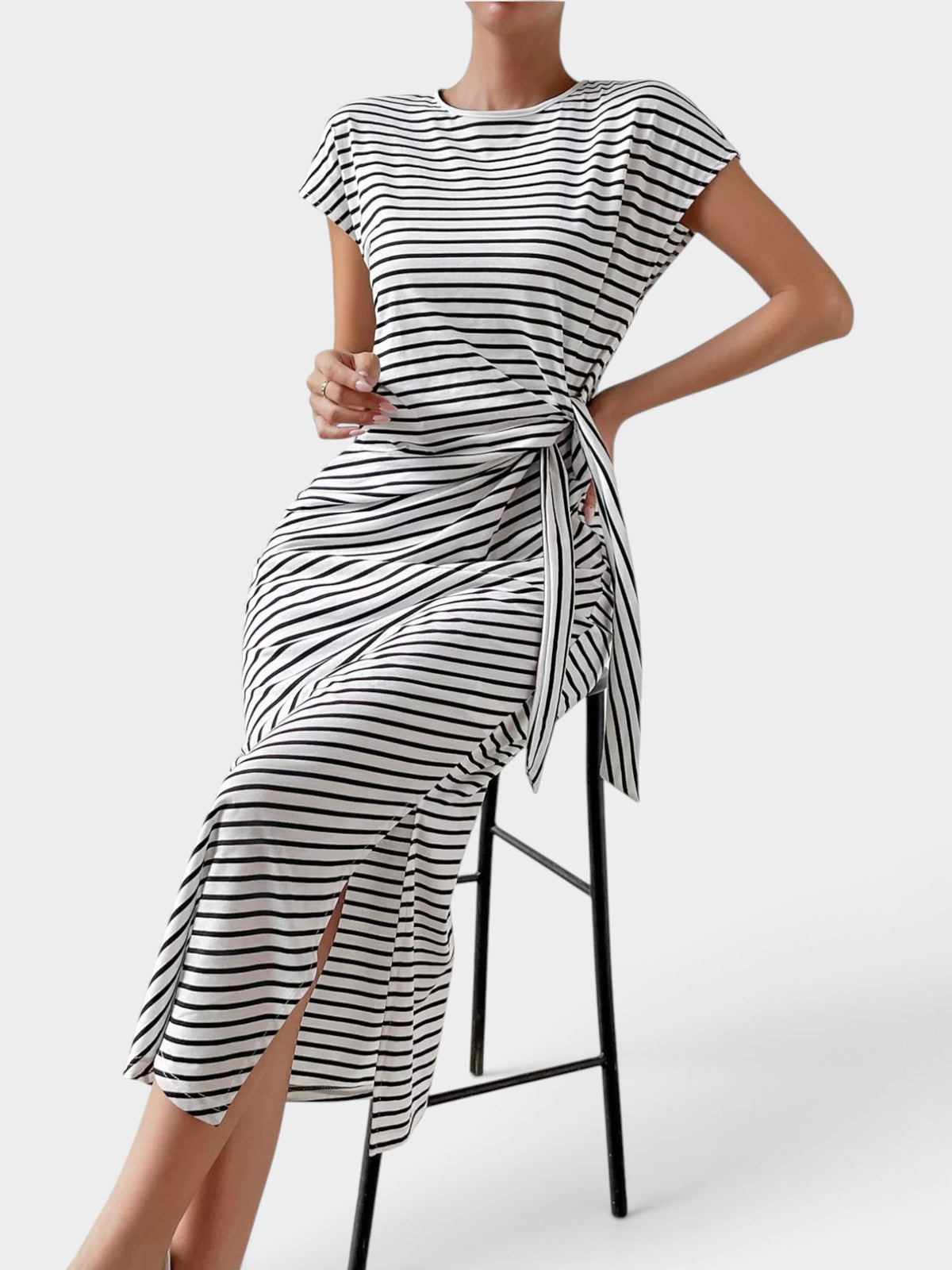 Striped Tie Side Casual Midi Dress