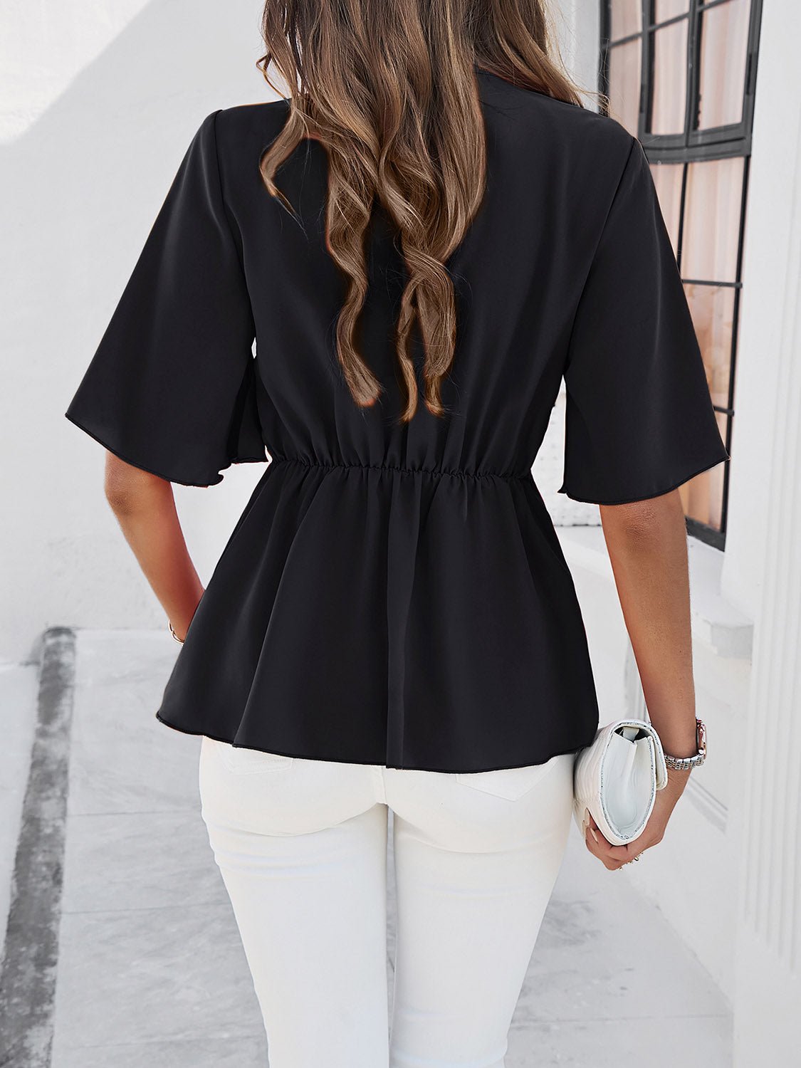 Devine Surplice Tie Waist Half Sleeve Blouse