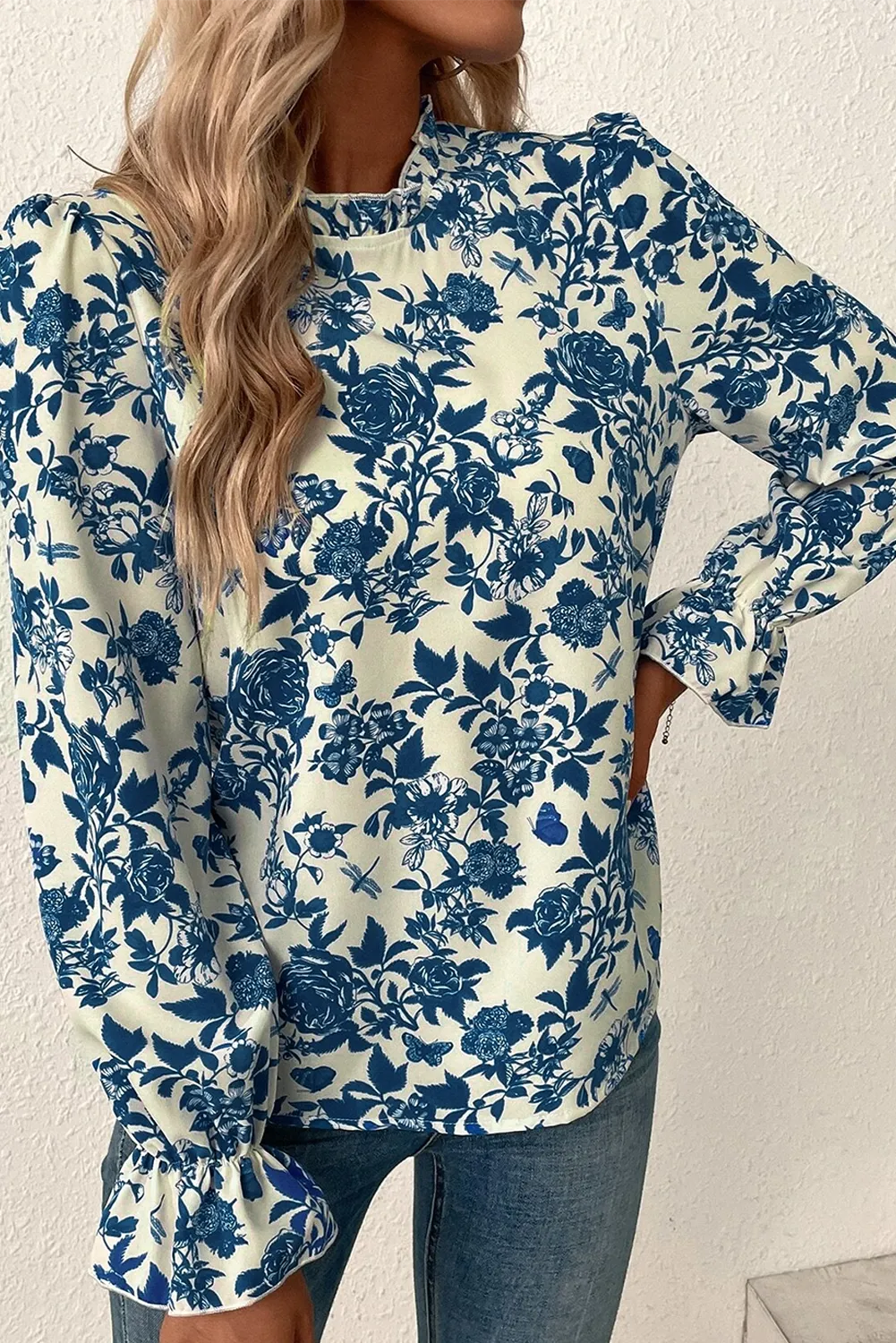 Printed Mock Neck Flounce Sleeve Blouse