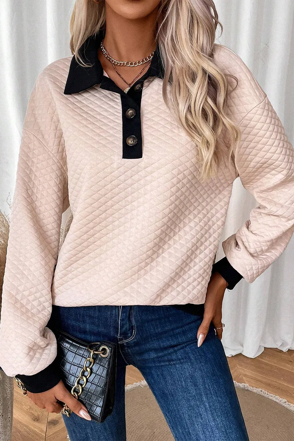 Textured Collared Neck Long Sleeve Top