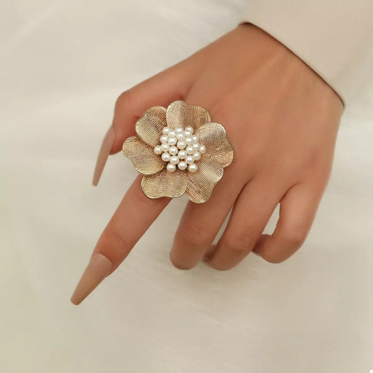 18K Gold - Plated Pearl Flower Ring - Rochelle's House LLC