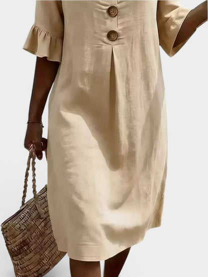 Full Size Button Decor Flounce Sleeve Dress Plus Size