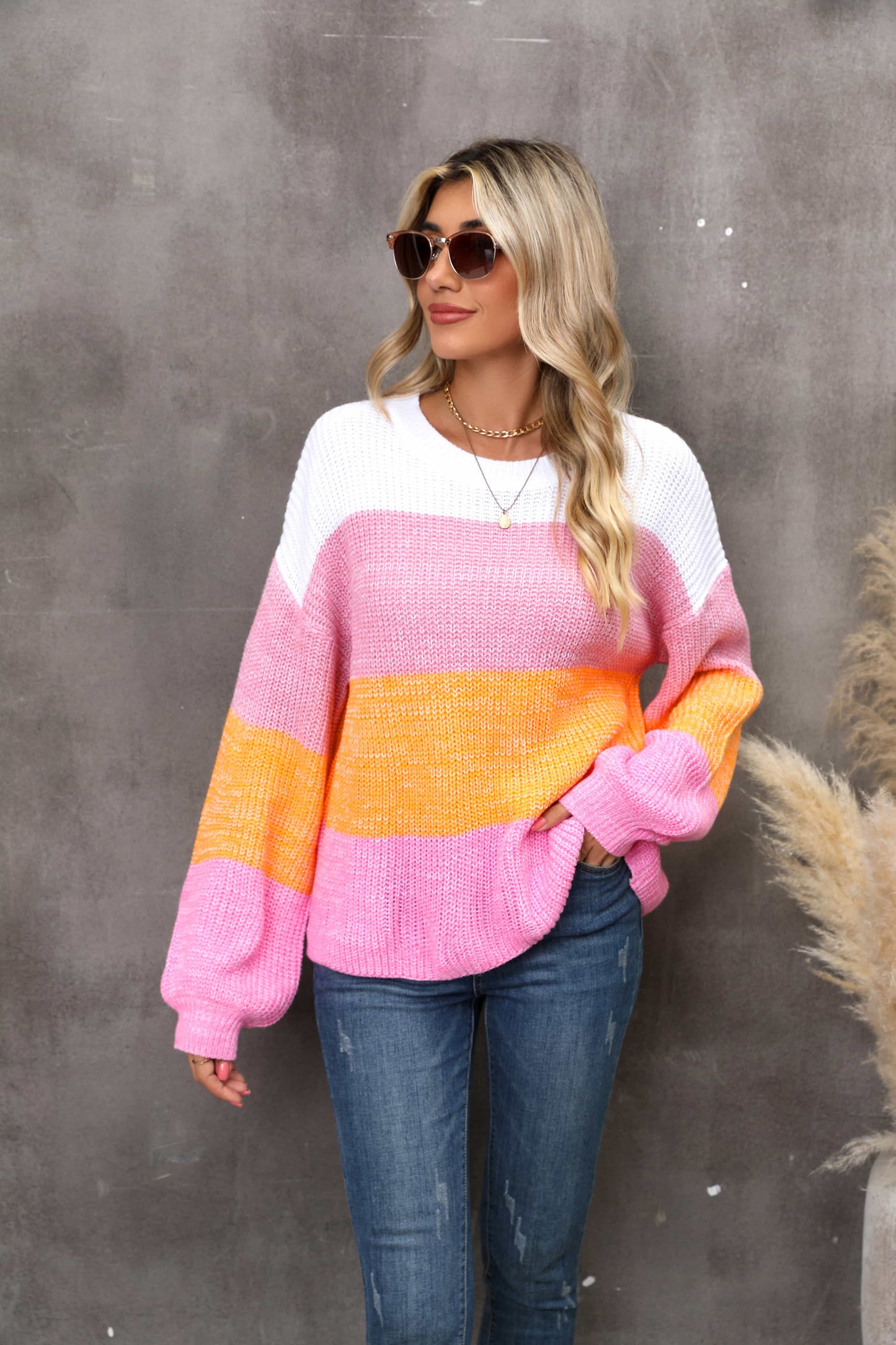 Angel Wings Color Block Round Neck Dropped Shoulder Sweater