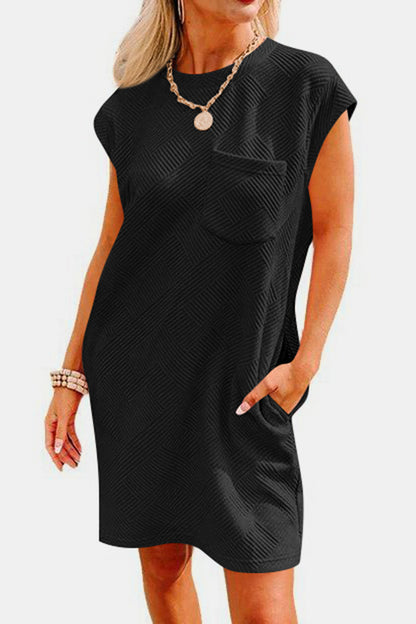 Women's Clothing, Textured Round Neck Cap Sleeve Dress, Front View Black, Rochelle's House