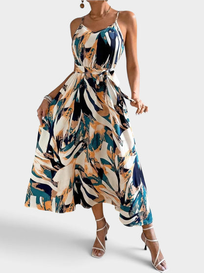 Abstract Print Tie Waist Cami Dress