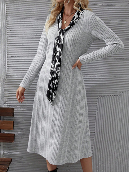 V-Neck Long Sleeve Midi Dress